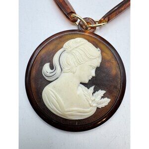 Vintage Celluloid Faux Tortoise Cameo Chain Link Pendant Necklace 34" Long